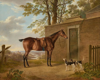 a bay hunting horse with two dogs in front of a stable - Charles Towne — artwork view