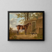 a bay hunting horse with two dogs in front of a stable - Charles Towne — framed artwork on a wall