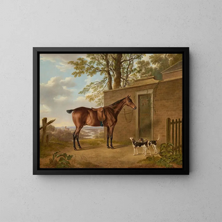 a bay hunting horse with two dogs in front of a stable - Charles Towne — framed artwork on a wall