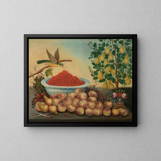 Still life with fruits, bird, and dwarf pear tree - Charles V. Bond — framed artwork on a wall