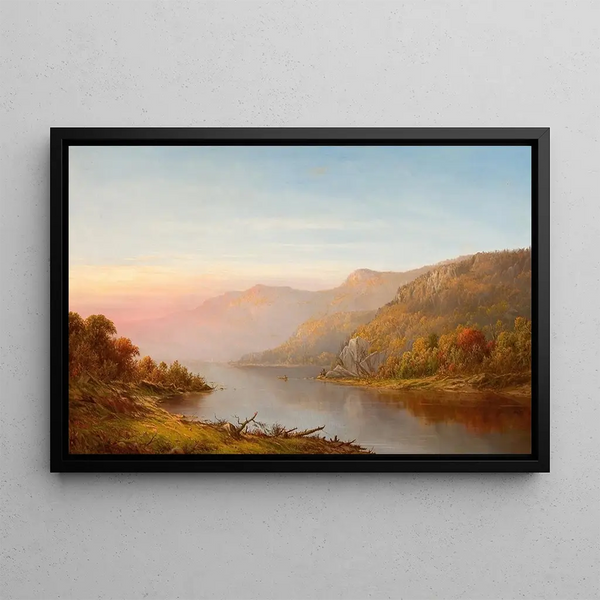 River scene painting in mountain, autumn on the Hudson - Charles W. Knapp — framed artwork on a wall