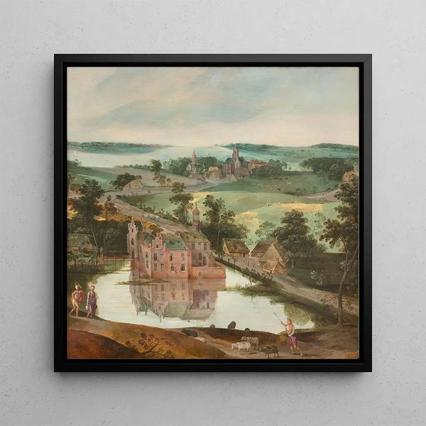 Château dans un paysage avec un berger - Jacob Grimmer — framed artwork on a wall