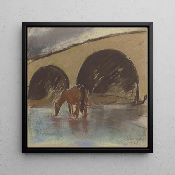 Horse watering drinking from a river under an arch bridge - Zolo Palugyay — framed artwork on a wall