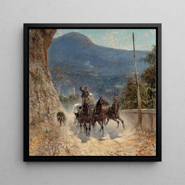 Horses and travelers riding a mountain road in Italy - Francesco Mancini — framed artwork on a wall
