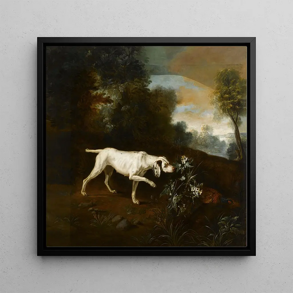 Dog at a halt in front of a pheasant - Alexandre François Desportes — framed artwork on a wall