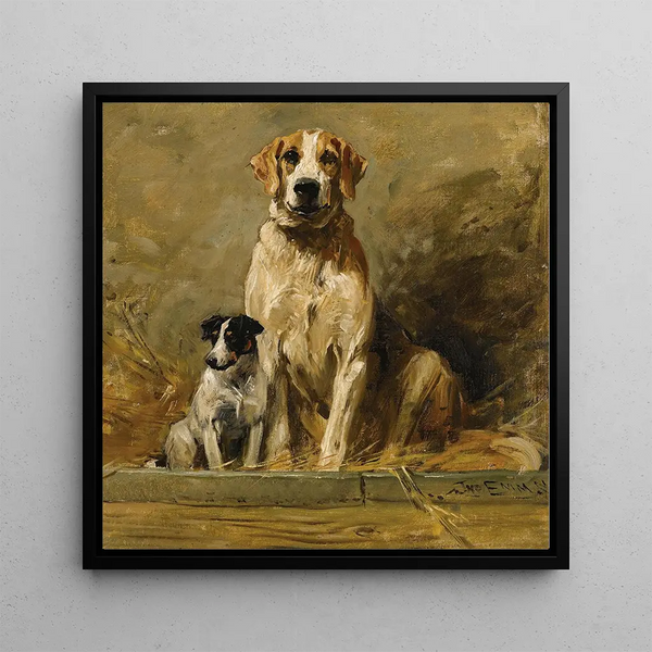 Dog and Kennel in a Kennel - John Emms — framed artwork on a wall