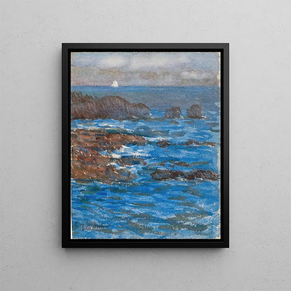 Cliffs and Sea of Appledore - Childe Hassam — framed artwork on a wall