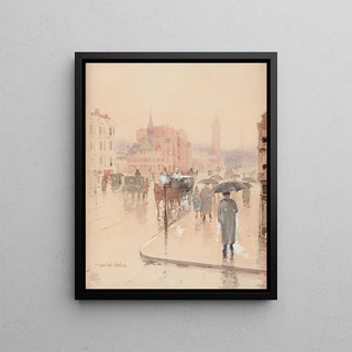 a rainy day on Columbus Avenue in Boston - Childe Hassam — framed artwork on a wall