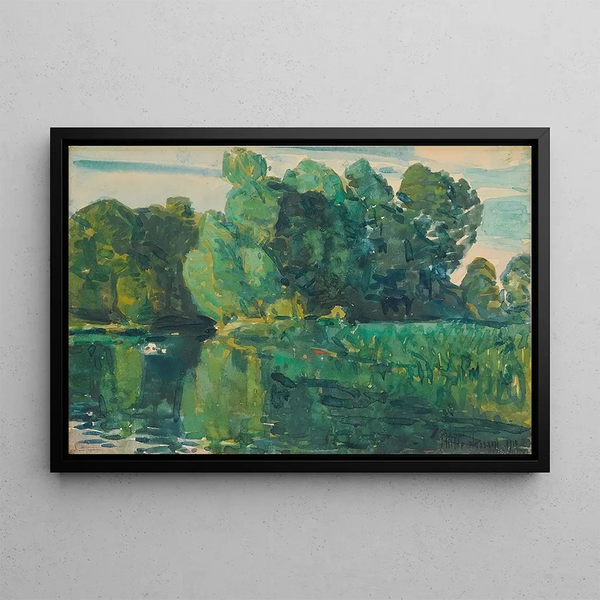 Trees by a Lake Shore - Childe Hassam — framed artwork on a wall