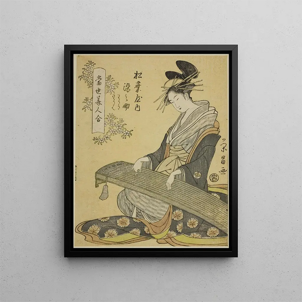 La courtisane Somenosuke de Matsubaya et ses suivantes Wakagi et Wakaba de la série Une comparaison des beautés contemporaines Tosei bijin awase - Chokosai Eisho — framed artwork on a wall