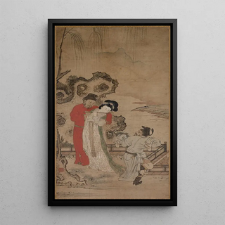 L'empereur Minghuang teaching Yang Gueifei to play the flute - Chōryūsai — framed artwork on a wall