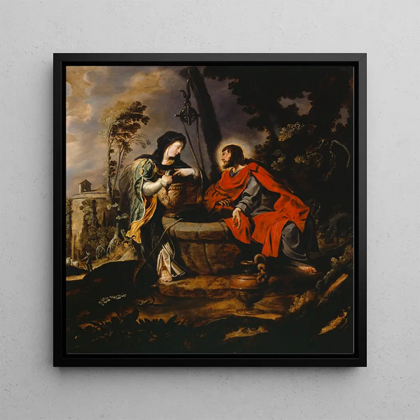 Christ and the Samaritan Woman - Simon de Vos — framed artwork on a wall