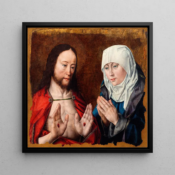 Christ showing his mother the wounds of the nails in his hands - Albrecht Bouts — framed artwork on a wall
