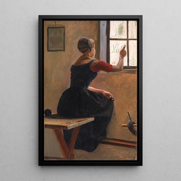 a young girl from Jutland writing her beloved's name on a foggy window - Christen Dalsgaard — framed artwork on a wall
