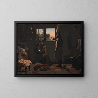 a Fisherman Showing His Daughter a Boat Leaving - Christen Dalsgaard — framed artwork on a wall