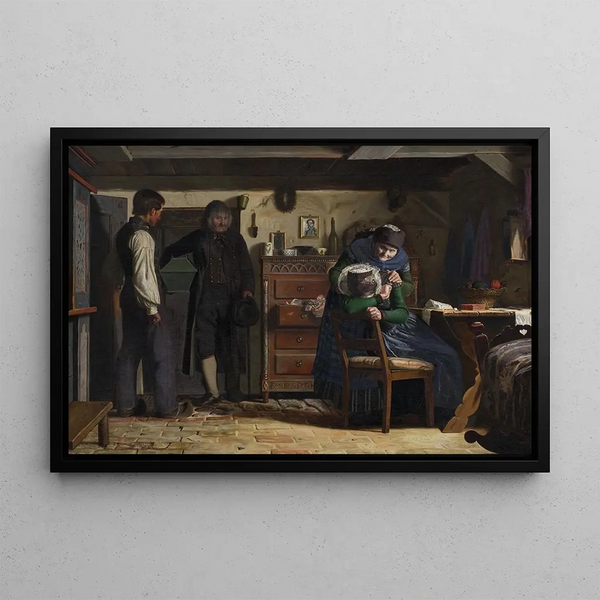 The Carpenter of the village bringing a coffin for a dead child - Christen Dalsgaard — framed artwork on a wall