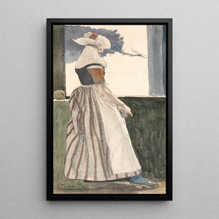Reproduction of the painting of Young girl knitting in Salling costume looking out a window - Christen Dalsgaard