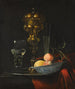 Nature morte with a golden bowl on a silver tray, a porcelain bowl with fruits, a roemer and a wine glass, all on a wooden table draped with red fabric - Christiaen Striep — artwork view