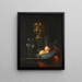Nature morte with a golden bowl on a silver tray, a porcelain bowl with fruits, a roemer and a wine glass, all on a wooden table draped with red fabric - Christiaen Striep — framed artwork on a wall