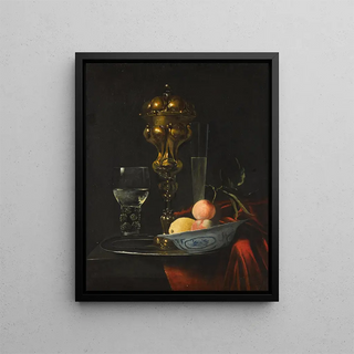 Nature morte with a golden bowl on a silver tray, a porcelain bowl with fruits, a roemer and a wine glass, all on a wooden table draped with red fabric - Christiaen Striep — framed artwork on a wall