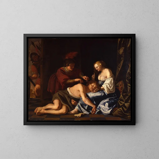 Pendant que Samson dort sur les genoux de Dalila, un Philistin lui coupe les cheveux. - Christiaen van Couwenbergh — framed artwork on a wall