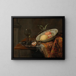 a lemon, an orange, and a nectarine in a porcelain bowl - Christiaen van Dielaert — framed artwork on a wall