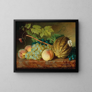 Nature morte avec un fruit, une guêpe et des papillons - Christiaen van Pol — framed artwork on a wall