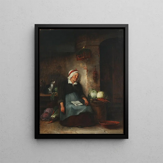 Interior painting with a sleeping woman - Christian Andreas Schleisner — framed artwork on a wall