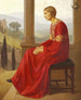 Woman in a red dress sitting on a terrace in an Italian landscape - Christian Bang — artwork view