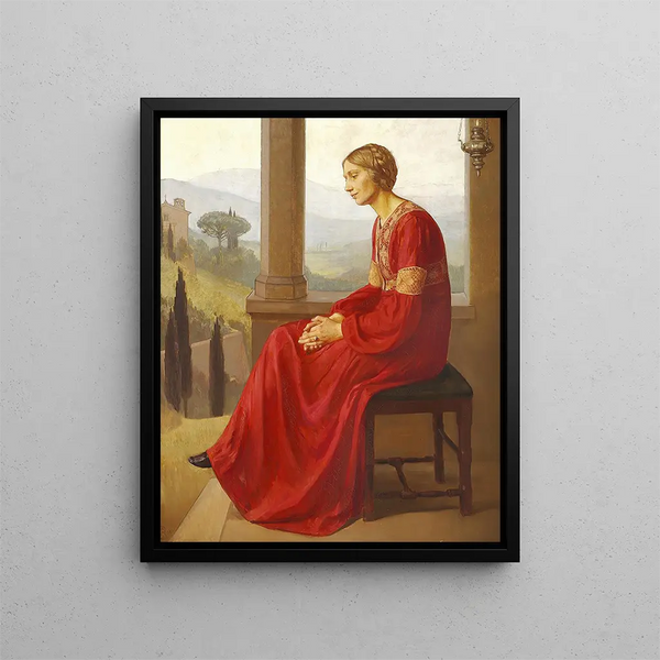 Woman in a red dress sitting on a terrace in an Italian landscape - Christian Bang — framed artwork on a wall