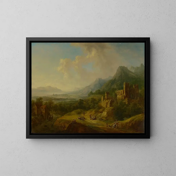 Vallée fluviale with church ruins and figures of characters - Christian Georg Schütz l'Ancien — framed artwork on a wall