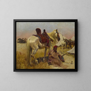 Cavalier arabe et son cheval au camp - Christian Georg Speyer — framed artwork on a wall