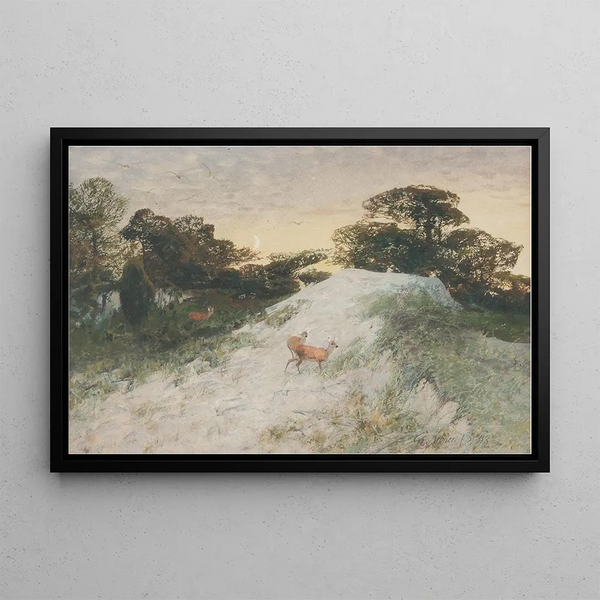 Landscape Painting with Red Deer - Christian Körner — framed artwork on a wall