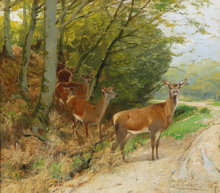 Group of red deer crossing a path - Christian Körner — artwork view