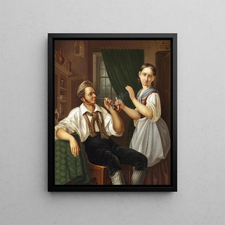 Interior with a young couple - Christian Ludvig Knutzen — framed artwork on a wall