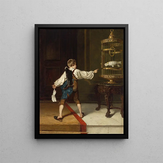 Boy with Black Shoes and Cockatoo - Christian Ludwig Bokelmann — framed artwork on a wall