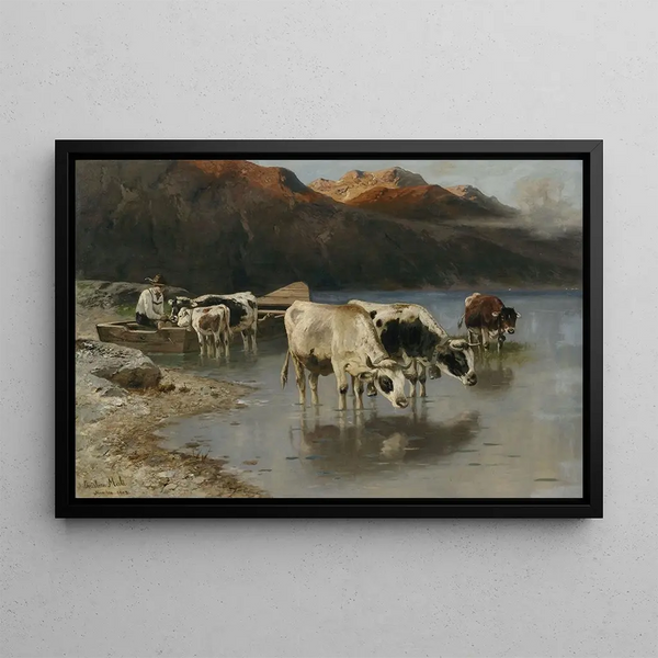 Berger avec vaches au bord du lac - Christian Mali — framed artwork on a wall