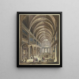 View of the interior of a church with baroque furniture and numerous figures as staff - Christian Stöcklin — framed artwork on a wall