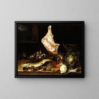 Still life with a piece of veal, vegetables, and fish - Christian von Thum — framed artwork on a wall