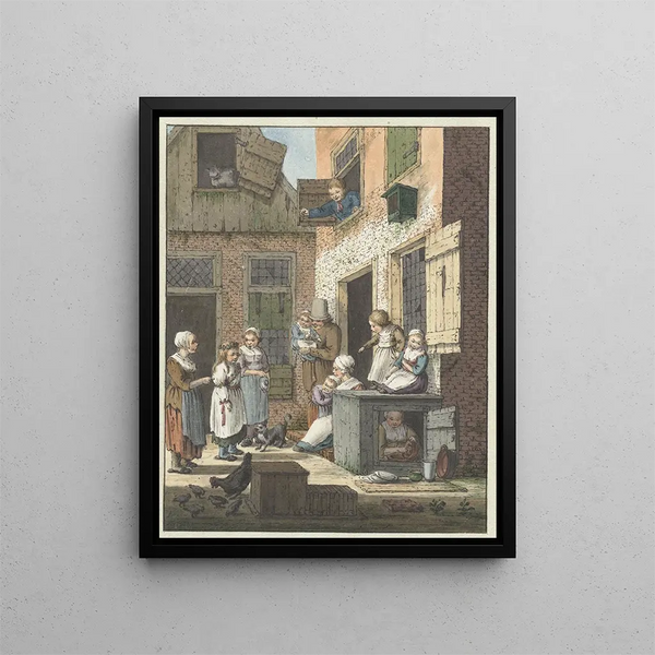Group of people in front of a house - Christina Chalon — framed artwork on a wall