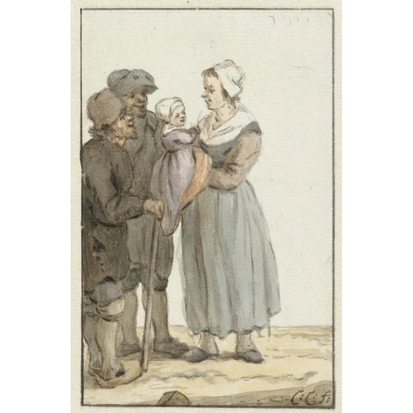 Woman with child near two men - Christina Chalon — framed artwork on a wall