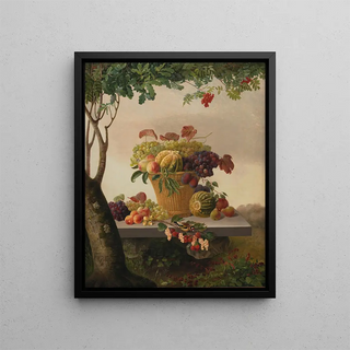 A basket of fruits in a landscape - Christine Løvmand — framed artwork on a wall