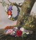 A bouquet of flowers hanging a flower crown at the foot of a tree on a branch - Christine Løvmand — artwork view