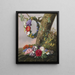 A bouquet of flowers hanging a flower crown at the foot of a tree on a branch - Christine Løvmand — framed artwork on a wall