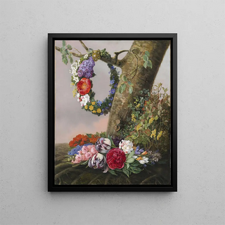 A bouquet of flowers hanging a flower crown at the foot of a tree on a branch - Christine Løvmand — framed artwork on a wall