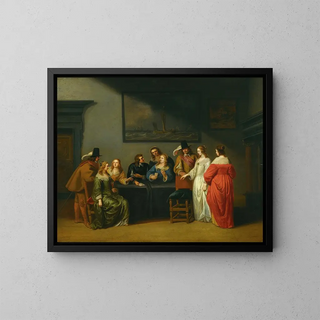 Interior with figures playing cards - Christoffel Jacobsz van der Laemen — framed artwork on a wall
