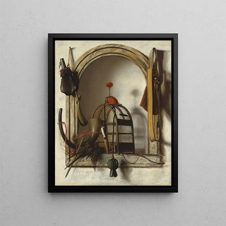 Niche with falconry equipment - Christoffel Pierson — framed artwork on a wall