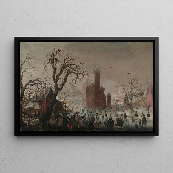 Winter landscape painting with skaters and imaginary castle - Christoffel van den Berghe — framed artwork on a wall