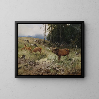 Deer and fallow deer at the edge of the forest - Christoffer Drathmann — framed artwork on a wall