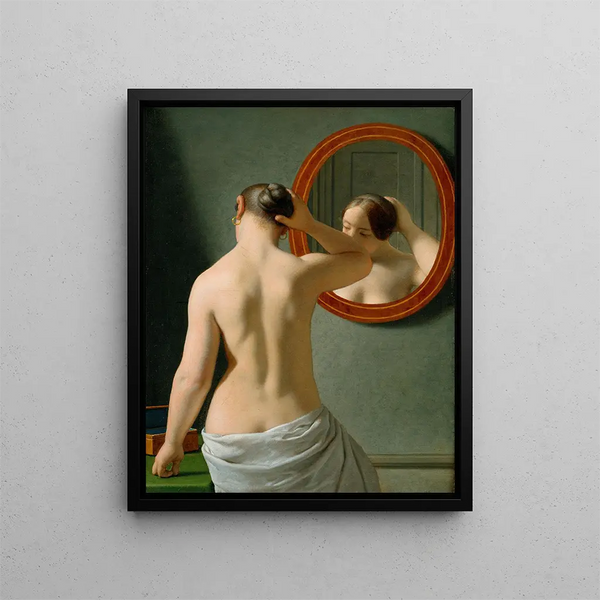 a woman nude styling her hair in front of a mirror - Christoffer Wilhelm Eckersberg — framed artwork on a wall